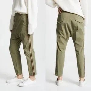 *Womens Nili Lotan Olive Green Tape Trim Drop Crotch Flat Front Paris Pants 2